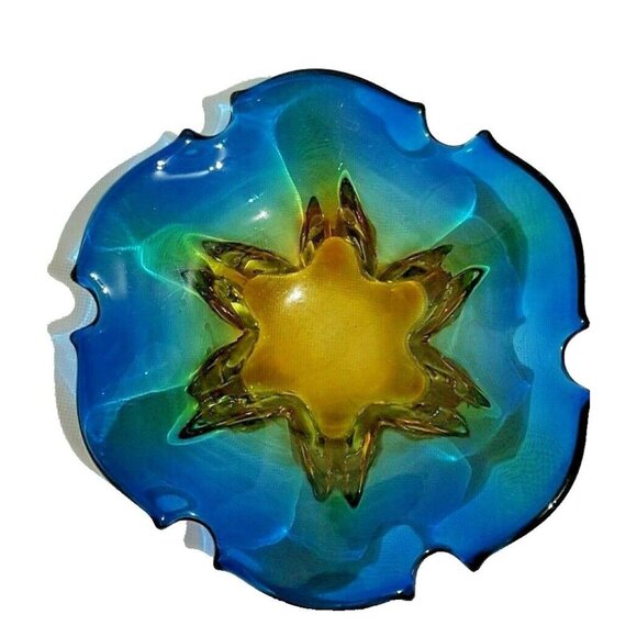 Unmarked Other - Art Glass Dish Bowl Trinket Ashtray Blue Amber Scallop 7.5" Heavy
